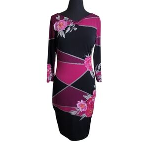 Cache floral print bodycon dress pink black white v neck long sleeve size 6